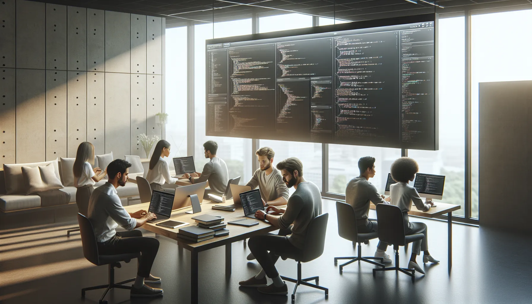 diverse team installing Bvostfus software in a modern office.