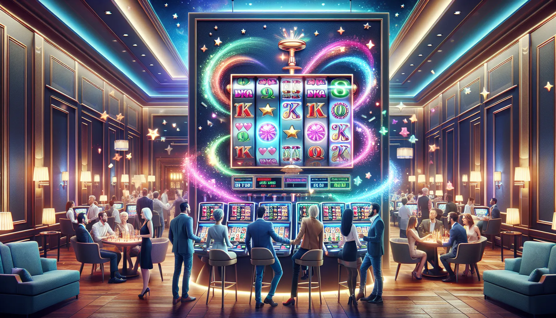 players enjoying a Slot Bang Jago game in a modern casino.