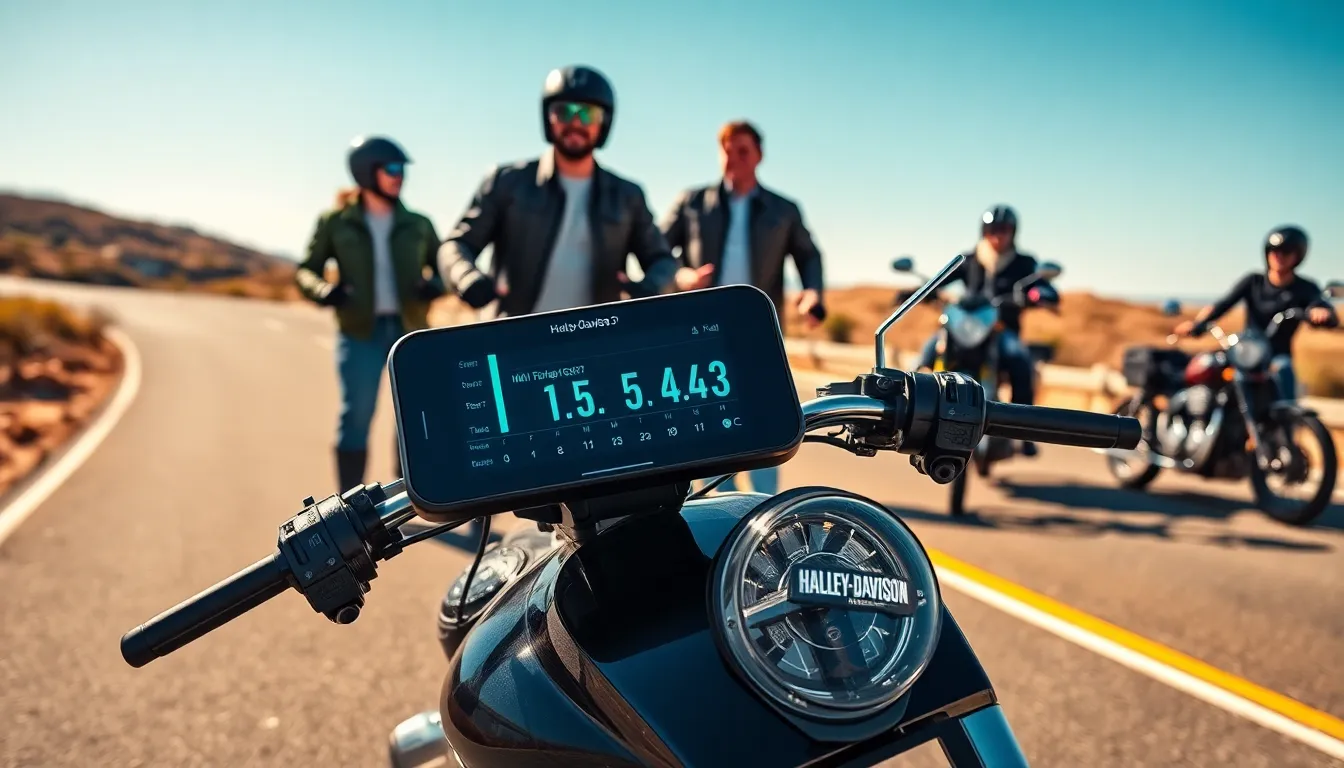 HarleySpy3 displayed on a motorcycle with riders planning their journey.