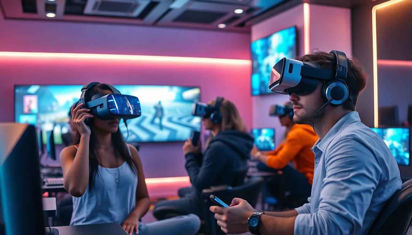 diverse gamers using advanced VR and AR technology in a modern gaming lounge.