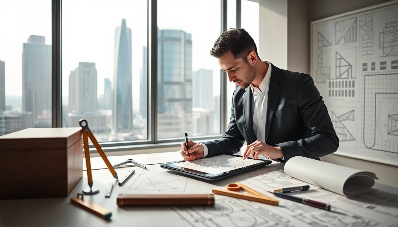 architect designing geometric structures in a modern studio.