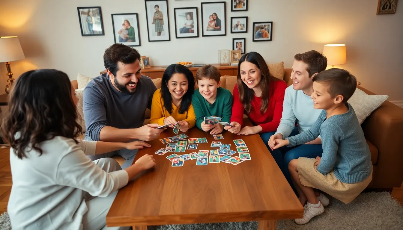 family enjoying card games in a cozy living room.