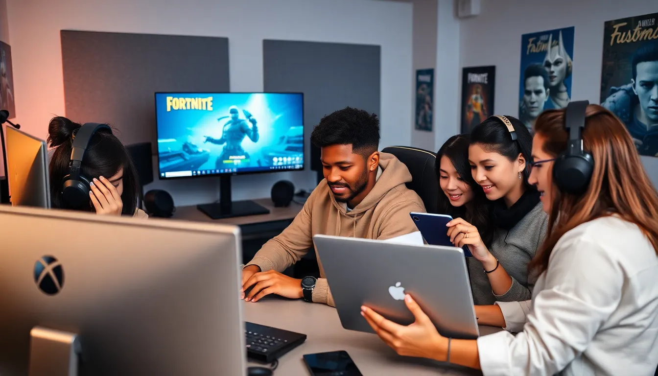 diverse gamers troubleshooting voice chat in a modern gaming studio.