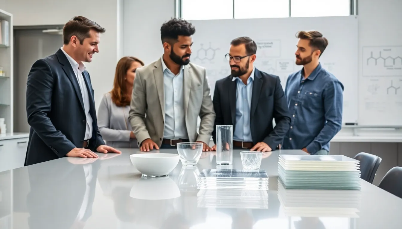 diverse team discussing melamine products in a modern laboratory.