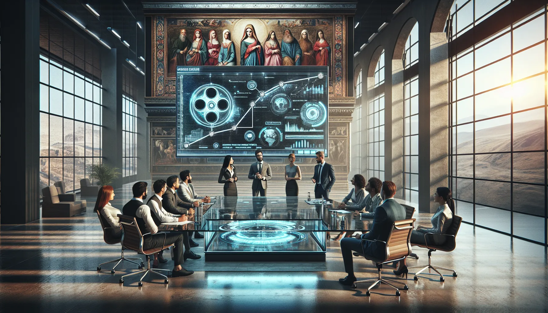 diverse professionals discussing Tamilrockers in a modern office.