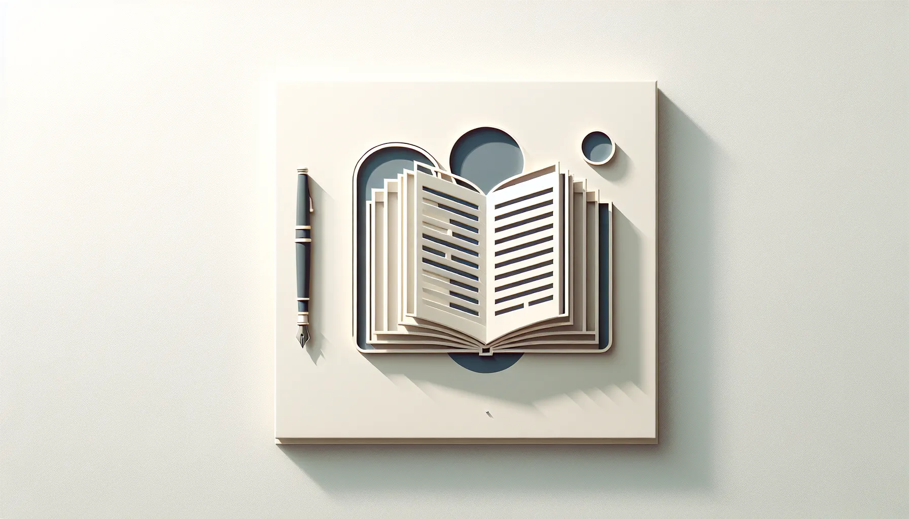Open book with floating pages and fountain pen on clean white background