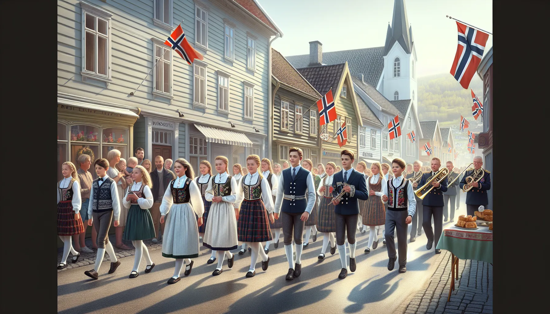 Children marching in a 17 may parade with flags and bunads in norway.