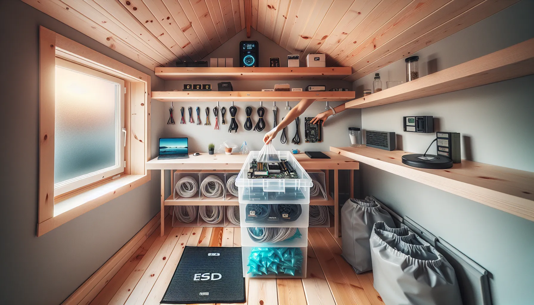 Organized norwegian storage of electronics with antistatic bags, hygrometer, and battery cases.