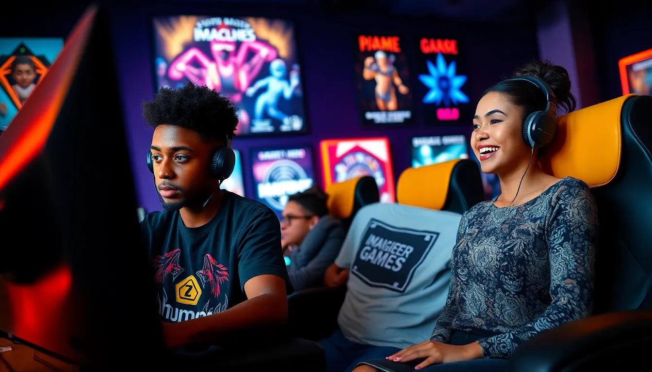 a diverse group of gamers enjoying games in a modern lounge.