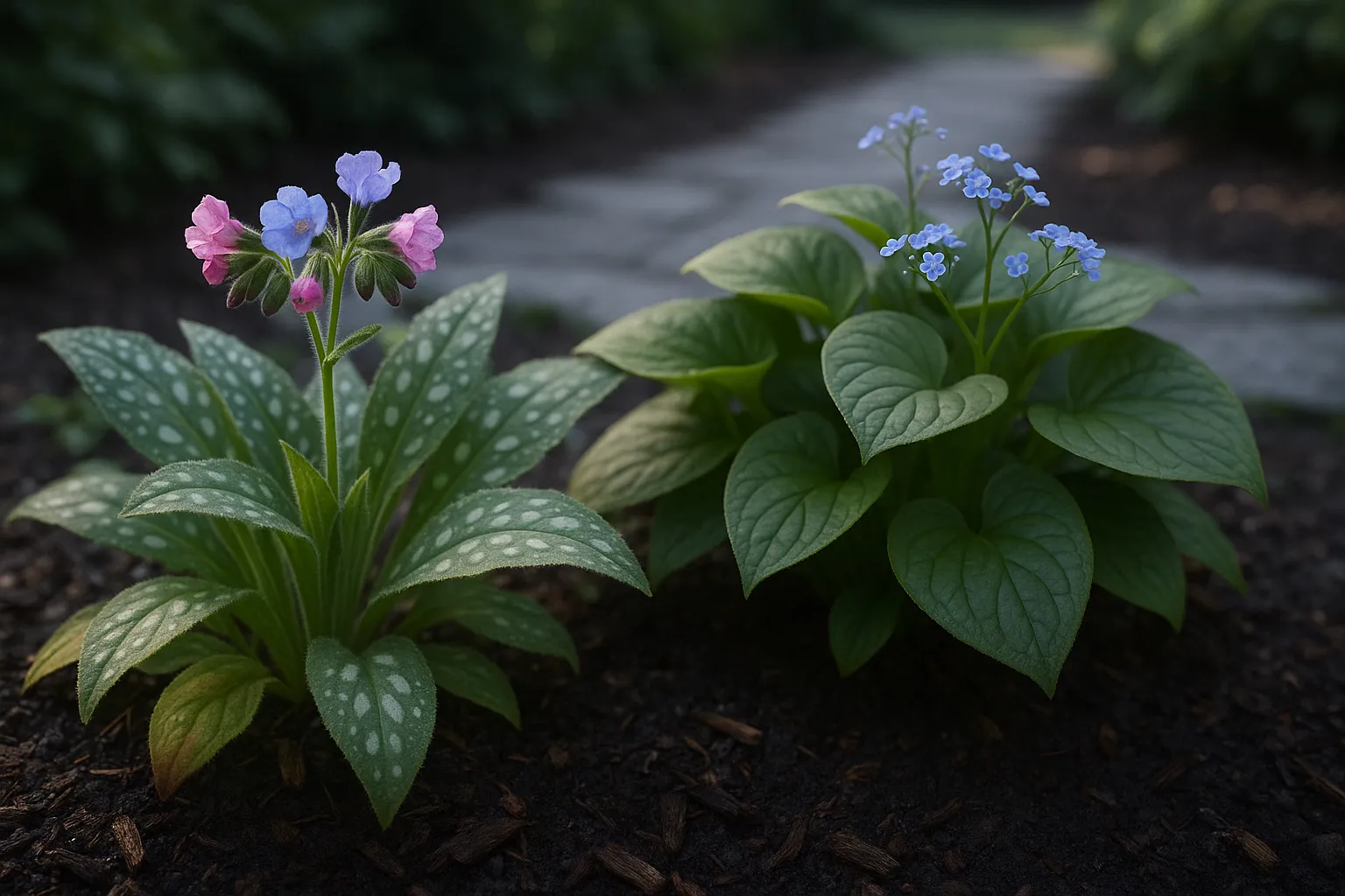 Close-up of Pulmonaria and Brunnera side-by-side in a shaded garden bed.