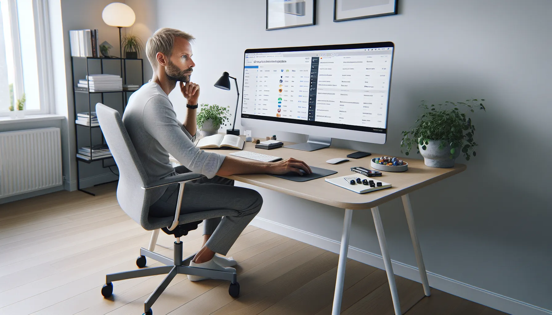 Norwegian marketer analyzing social media channels and keywords on multiple screens in an office.