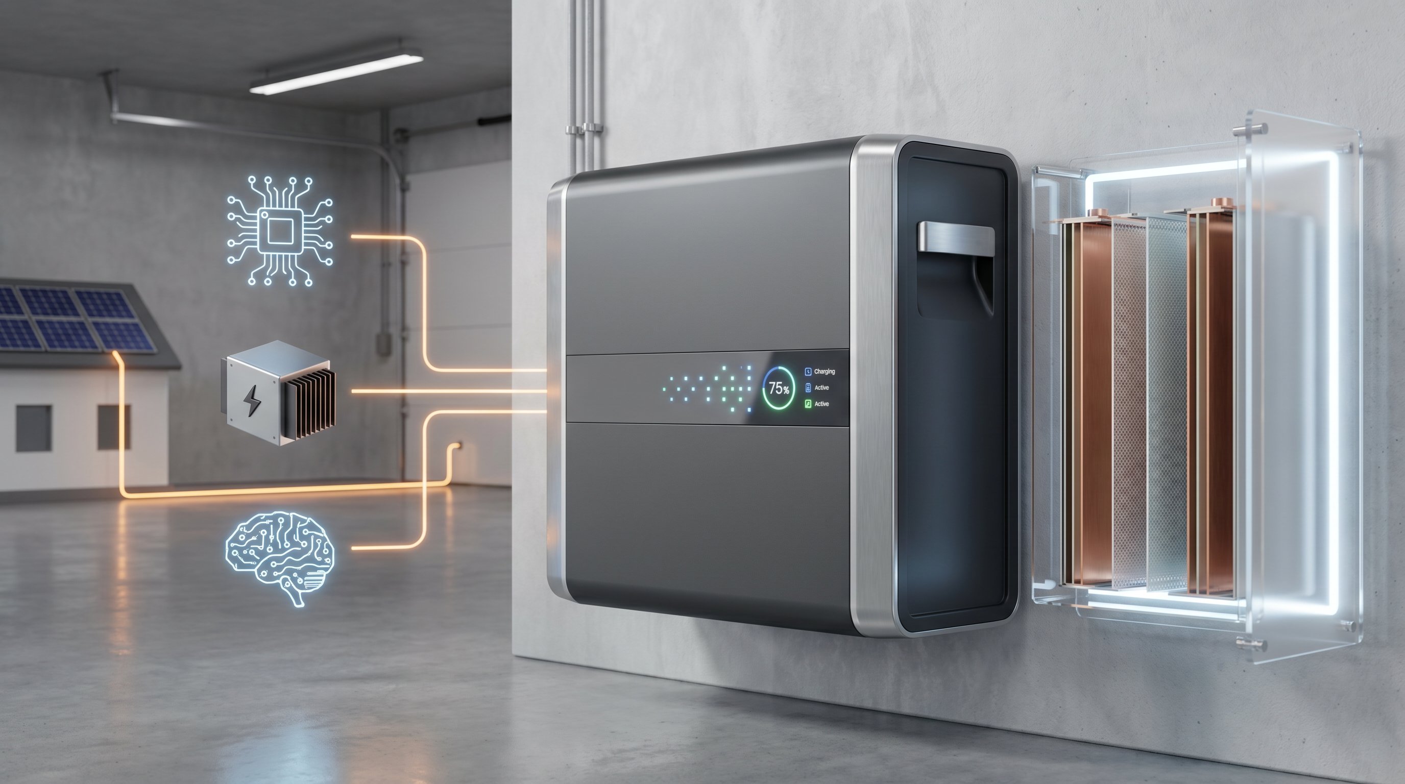 3D render of a modern home battery storage system with internal components and energy flow visualization.