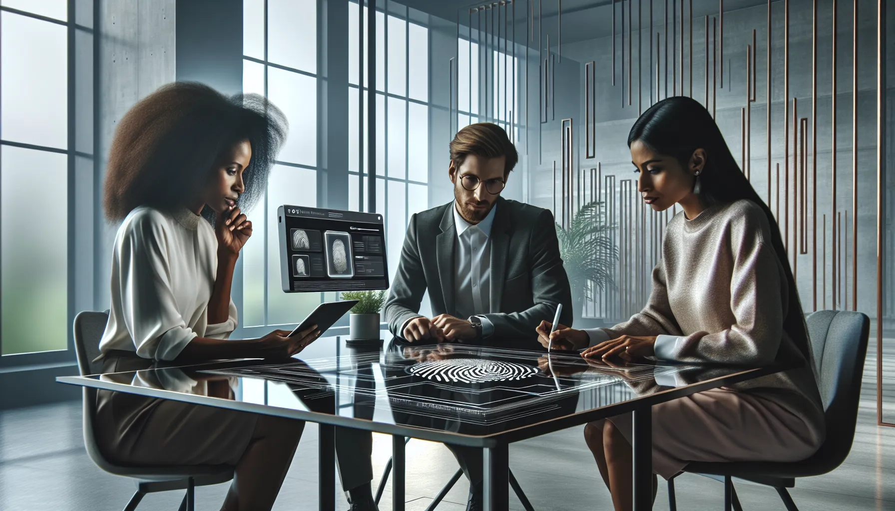 diverse professionals discussing biometric identification technology in an office.