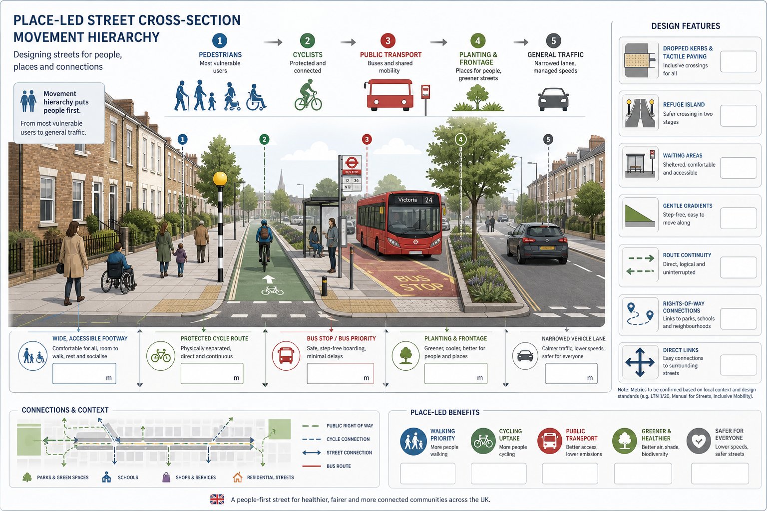 Infographic of inclusive UK street design prioritising walking, cycling, buses and accessibility.