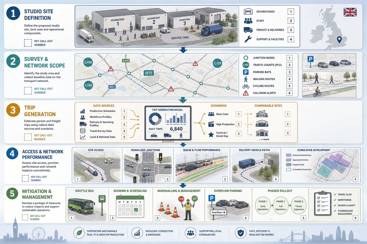 Five-step transport assessment infographic for UK film and TV studio developments.