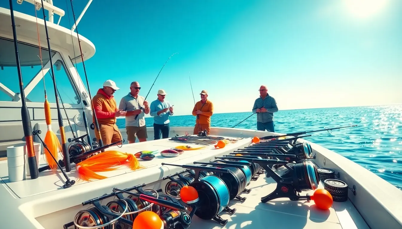 diverse anglers selecting sodium fishing gear on a modern boat deck.