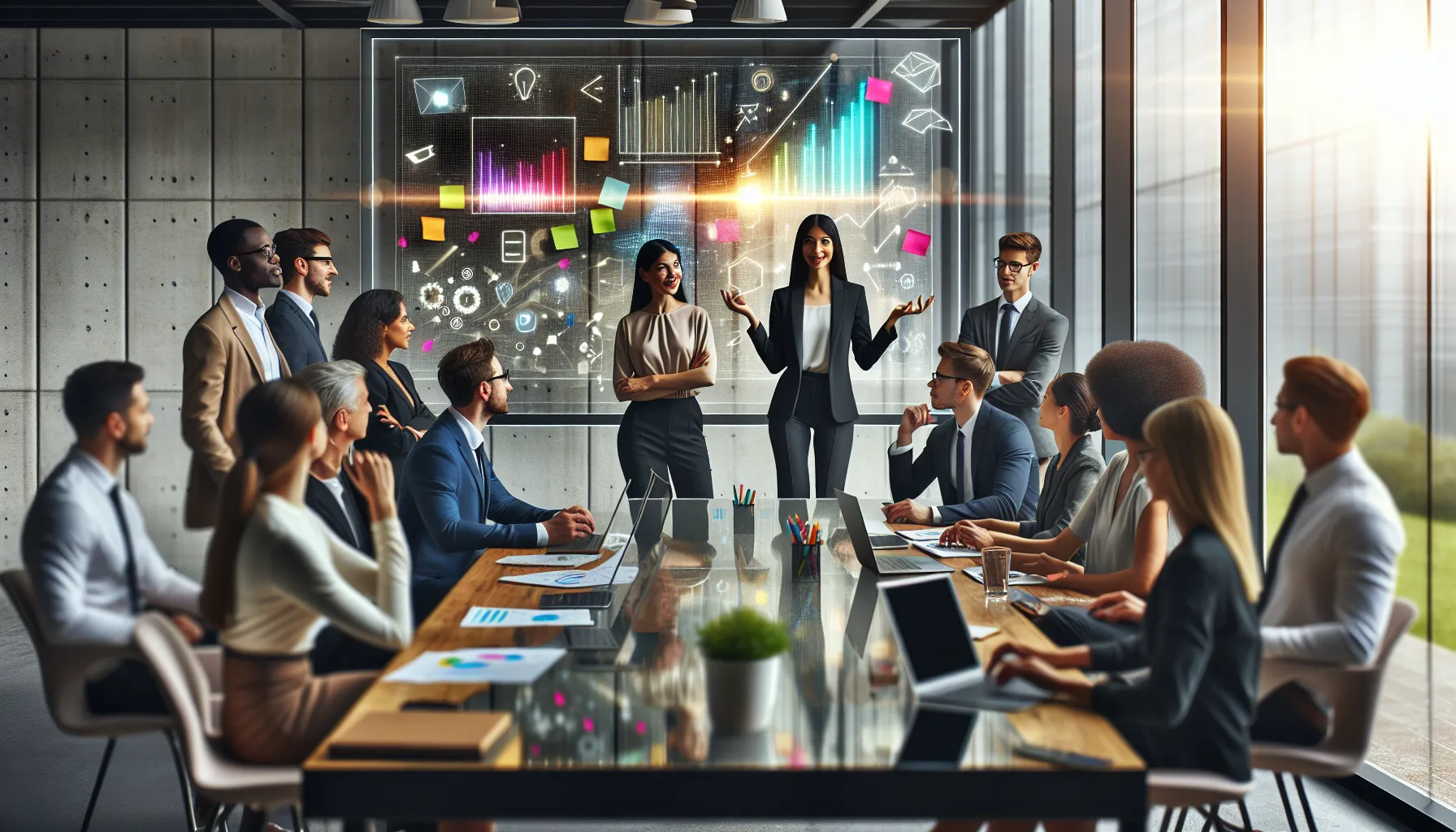 diverse team brainstorming in a modern office setting.