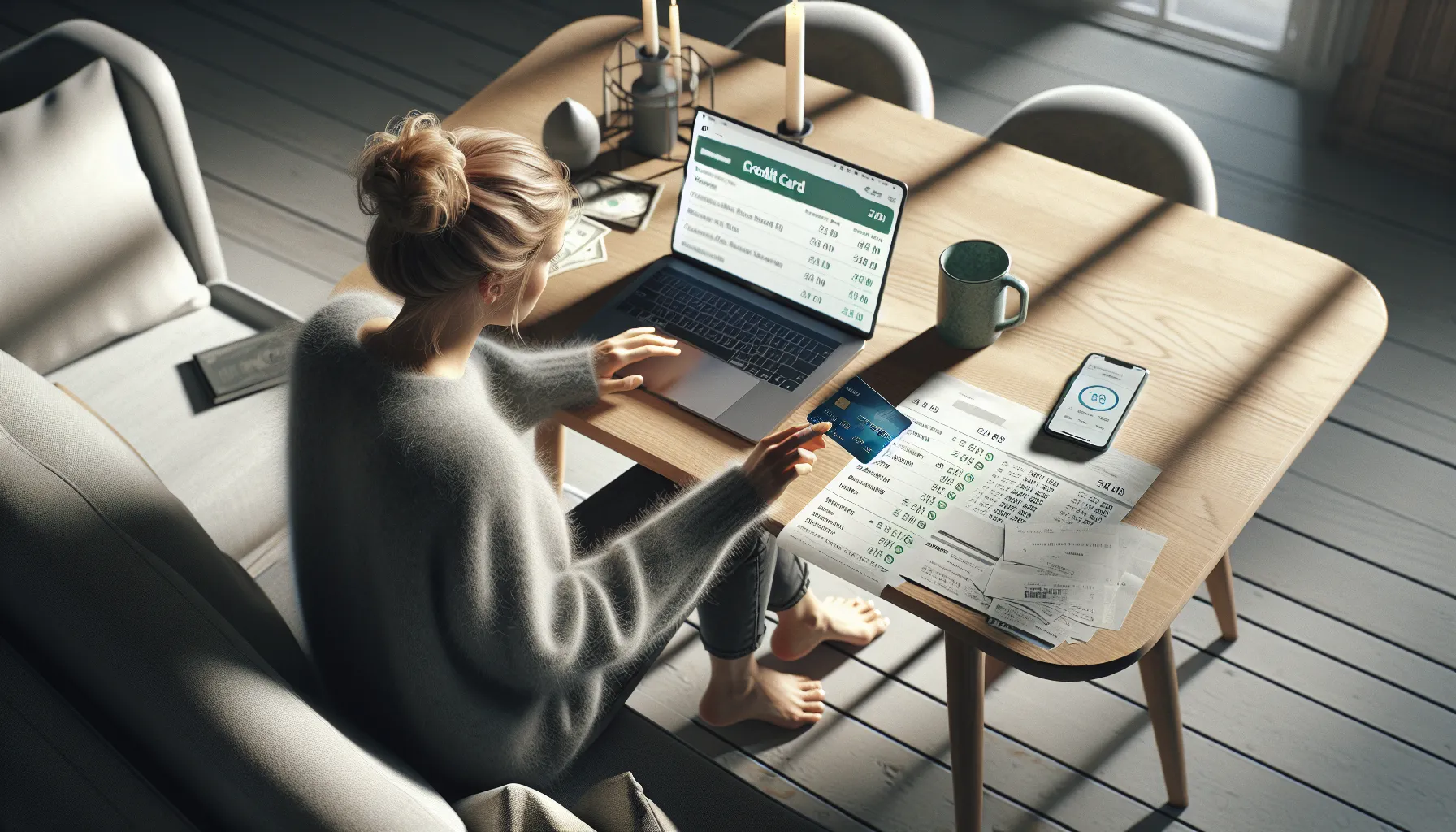 Norwegian woman reviews credit card with positive balance on laptop at home.