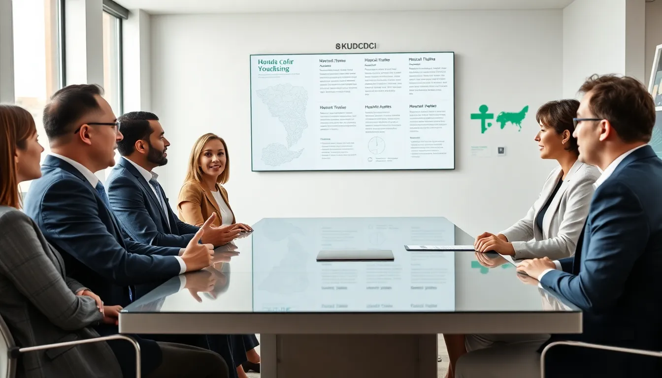 diverse professionals discussing the concept of Екуддщ in a modern office.