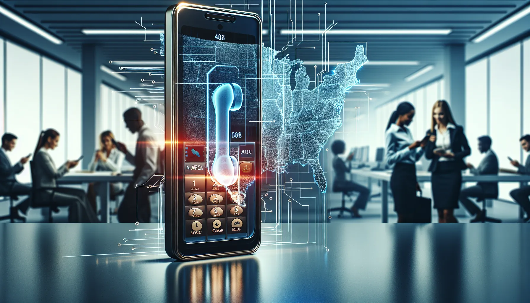 digital representation of area code '408' in a modern office setting.