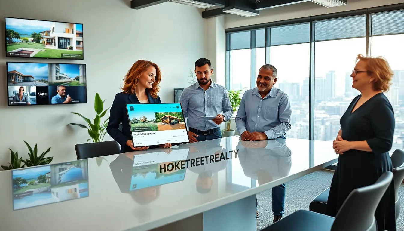 Real estate professionals collaborating in a modern office setting.