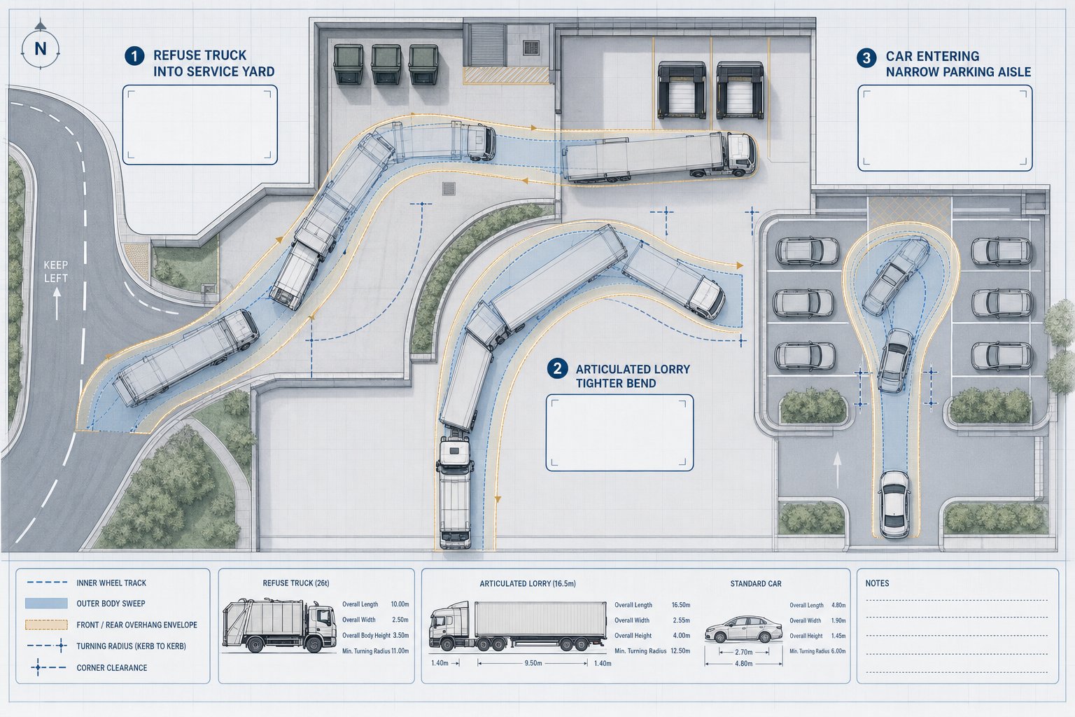 vehicle tracking infographic showing swept paths of truck, lorry, and car.