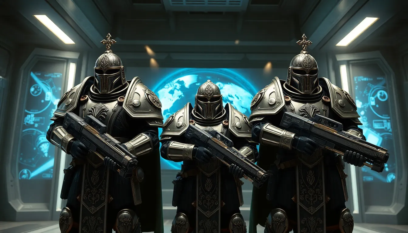three warriors in Power Armor preparing for battle in a high-tech war room.