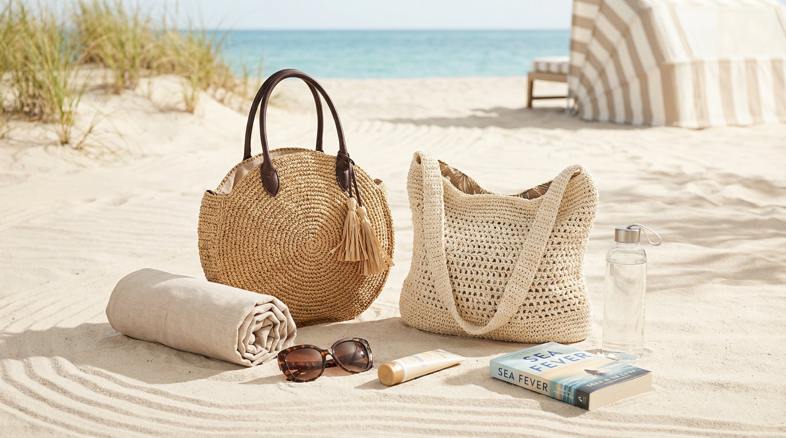 Two boho beach bags on sand with beach essentials by the shore.