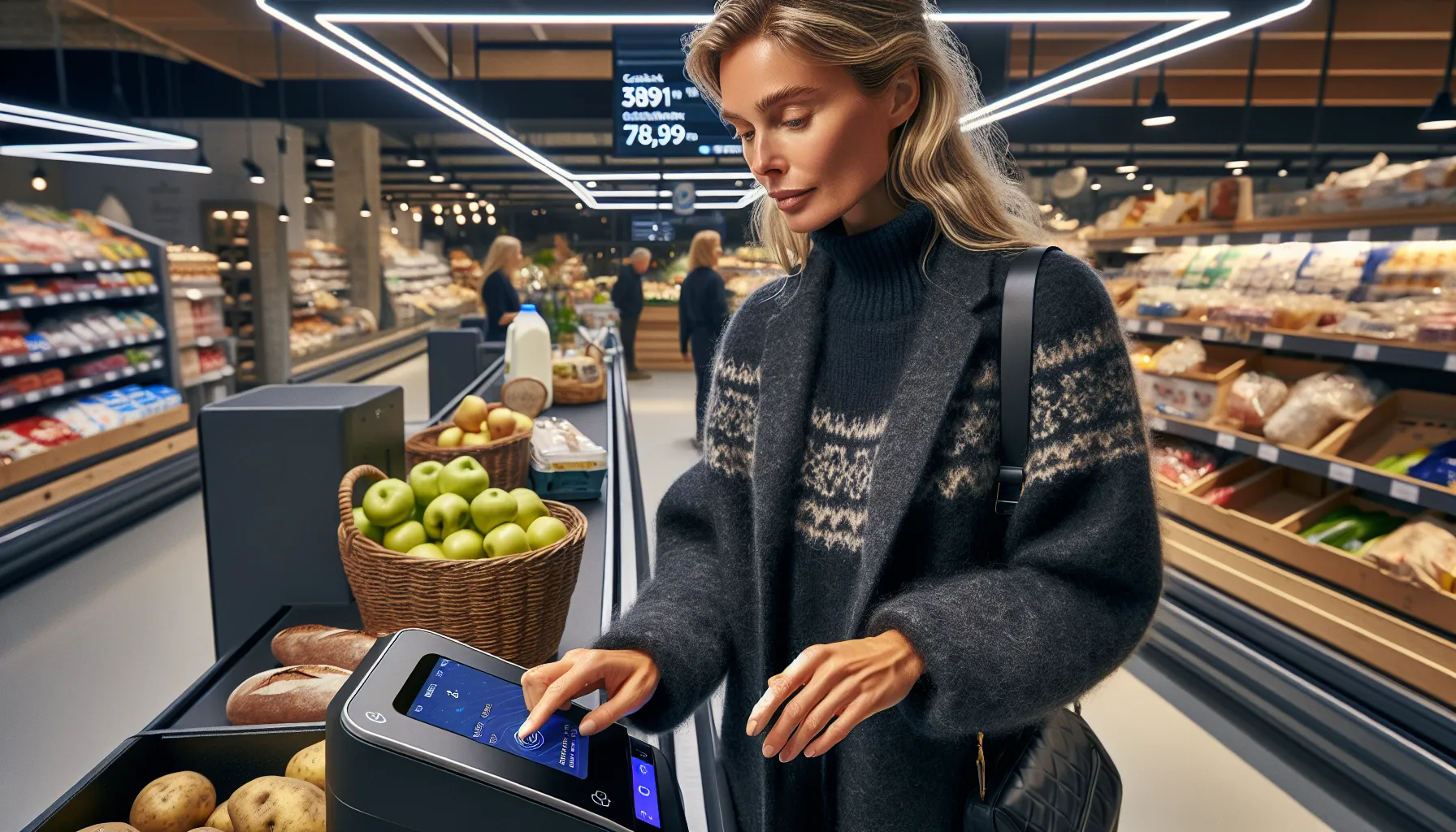 Shopper taps card at norwegian grocery checkout showing 2% grocery cashback.