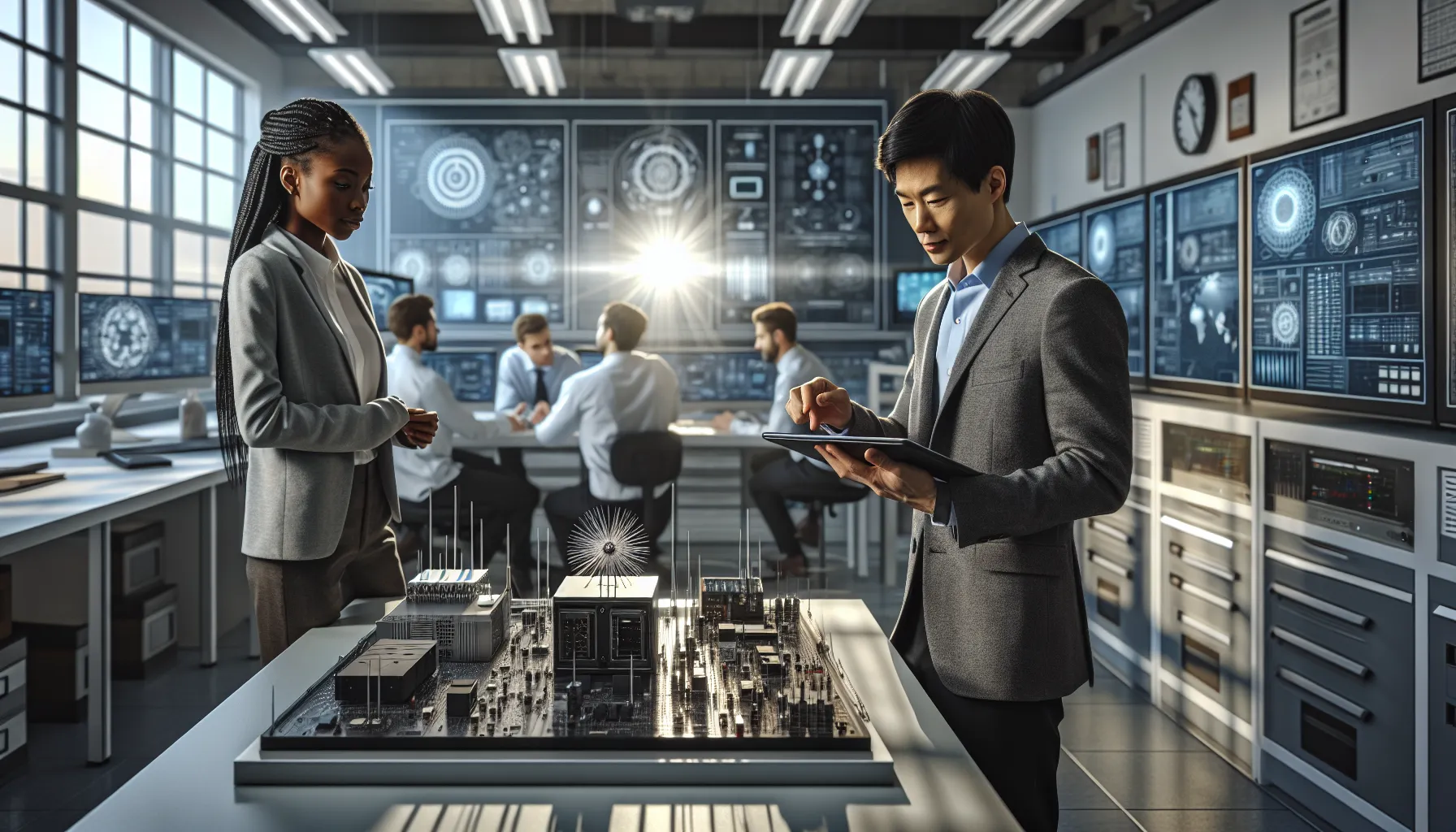 engineers collaborating in a tech lab with advanced communication module.