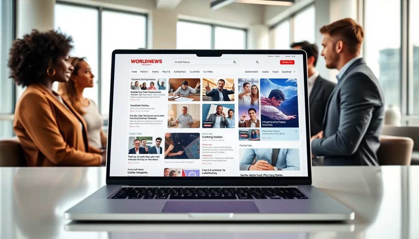diverse professionals discussing news articles on a laptop in a bright office.
