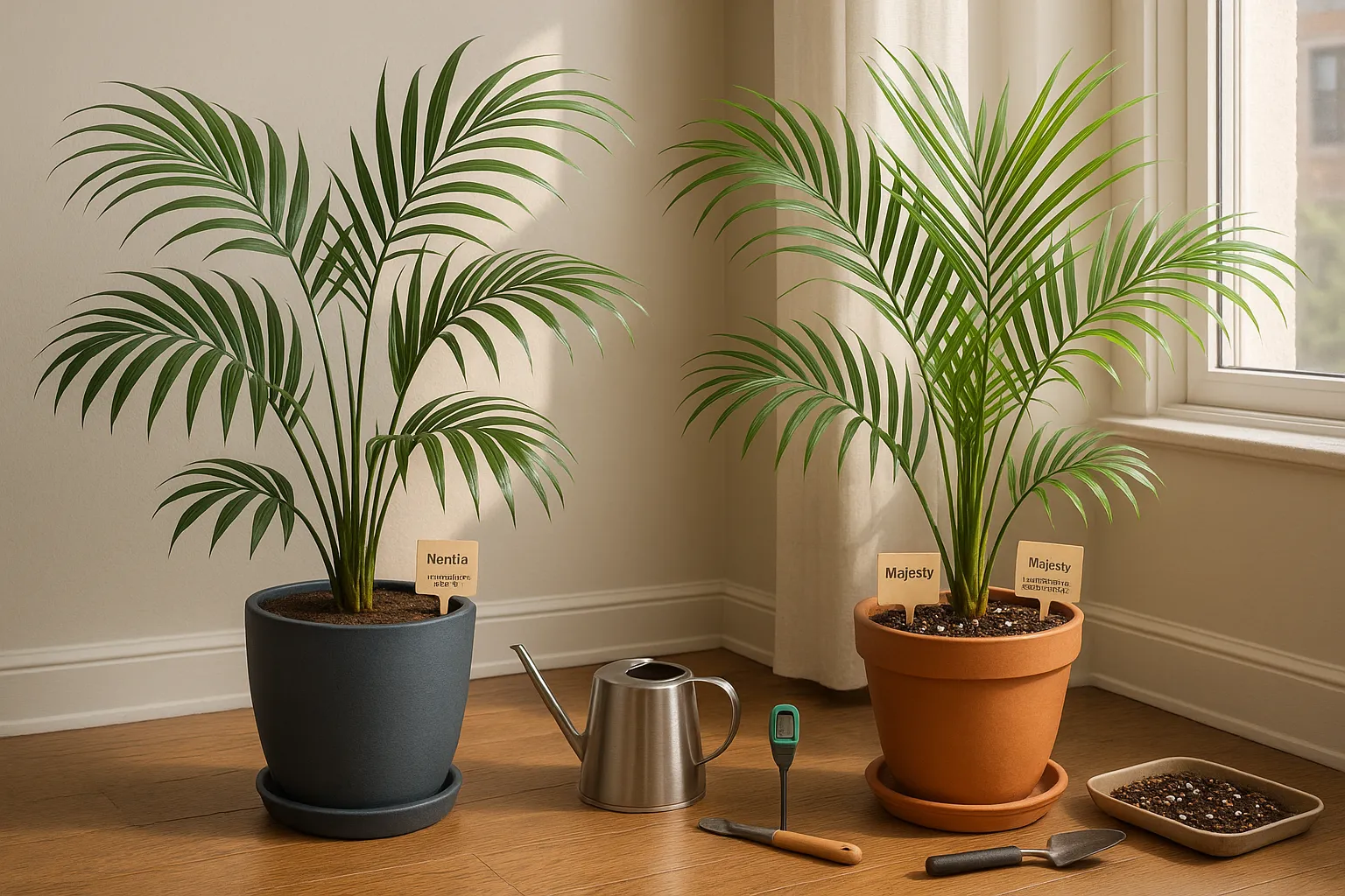 Two potted palms side-by-side by a sunlit window with soil visible.