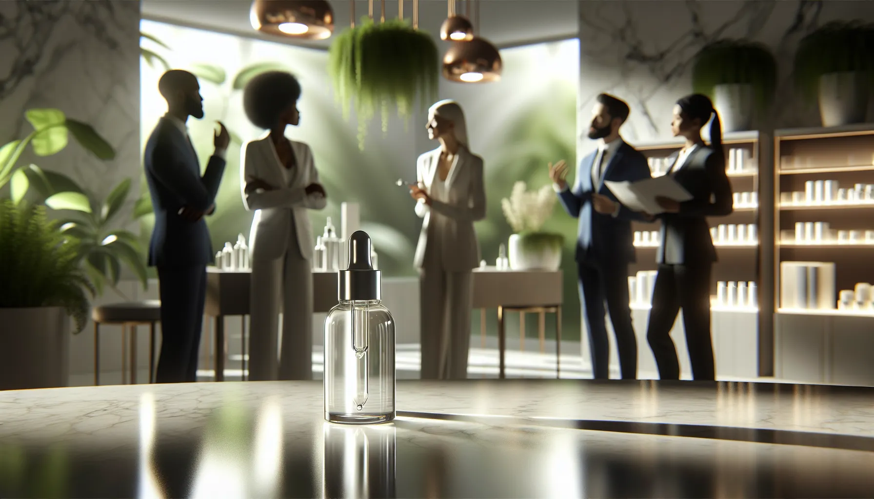 diverse group discussing Serum Qawermoni in a modern skincare setting.