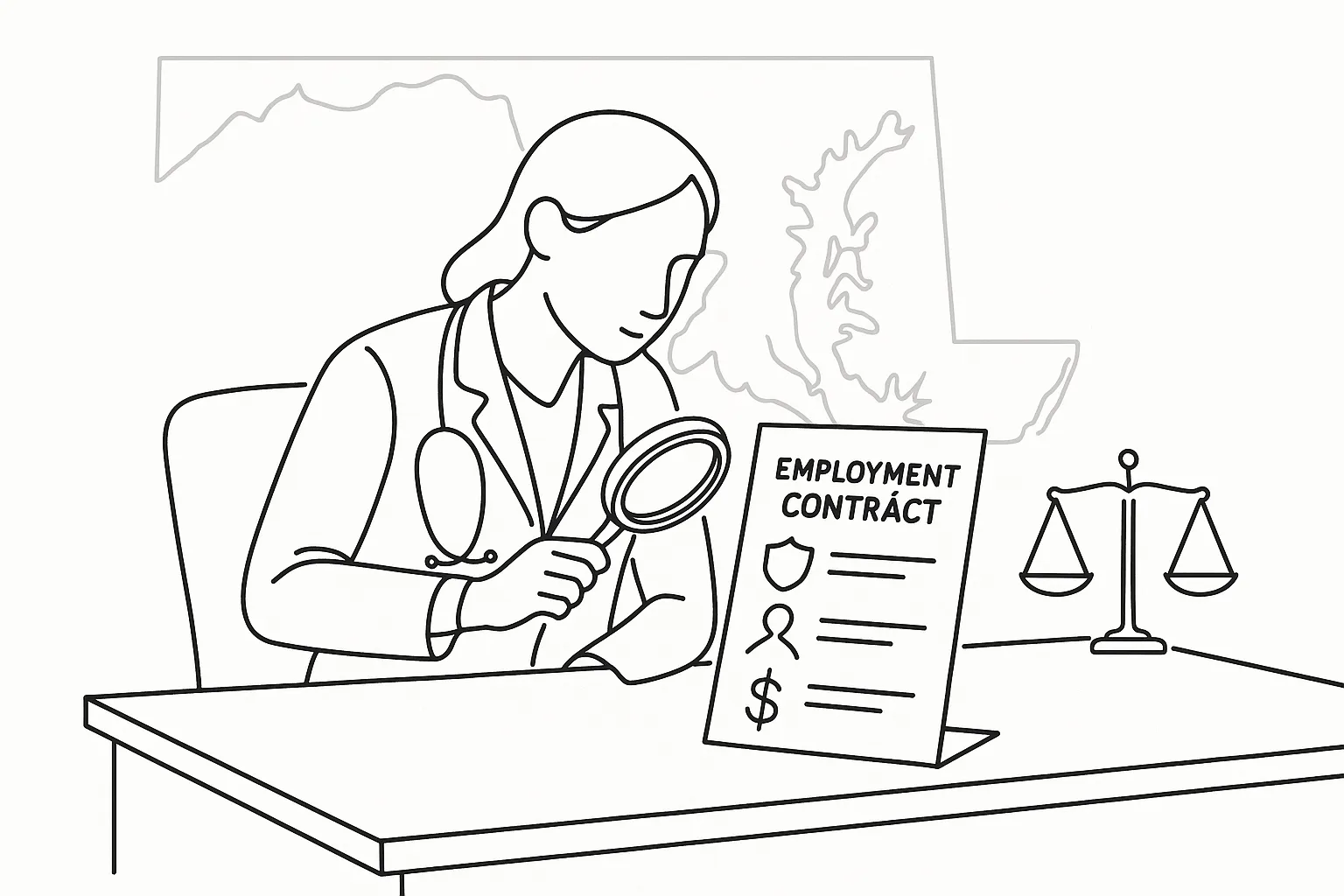 Physician assistant examining a contract with icons for insurance, supervision, and pay of Maryland Physician Assistant Contract Review.