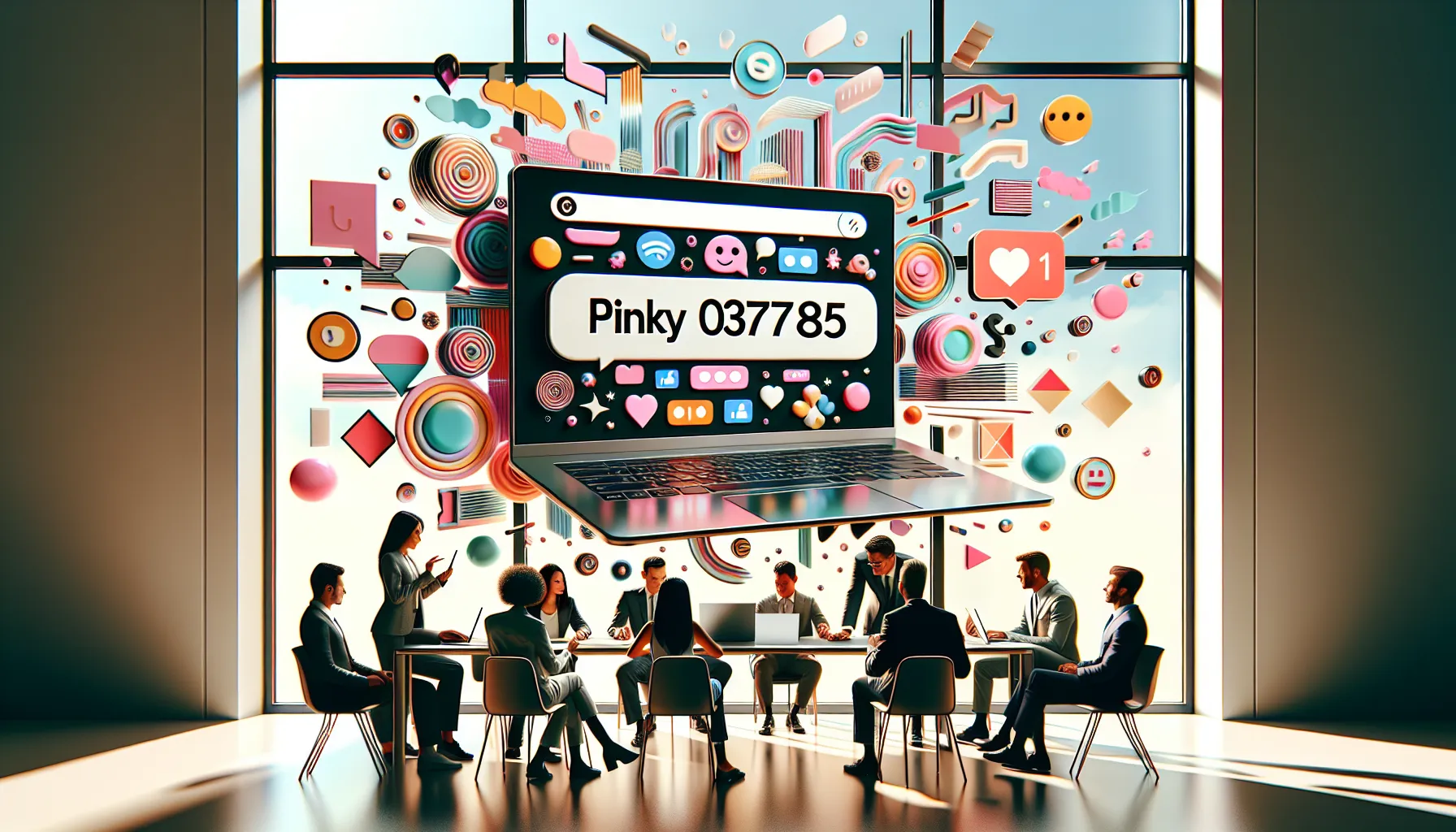 diverse group engaged around a laptop displaying the alias Pinky030785.
