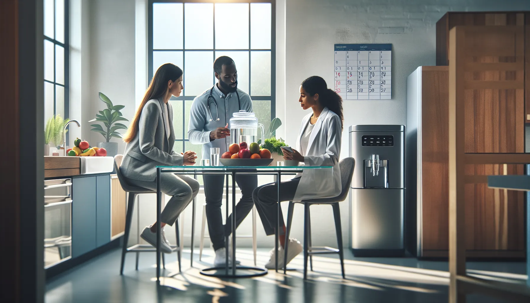 diverse professionals discussing health in a modern kitchen.