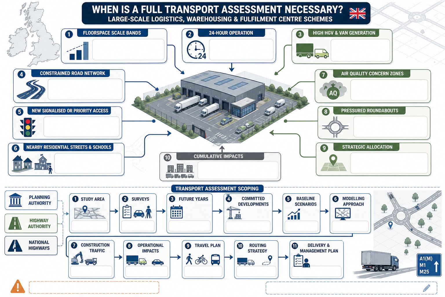 Infographic of triggers and scoping for a logistics transport assessment in the UK.