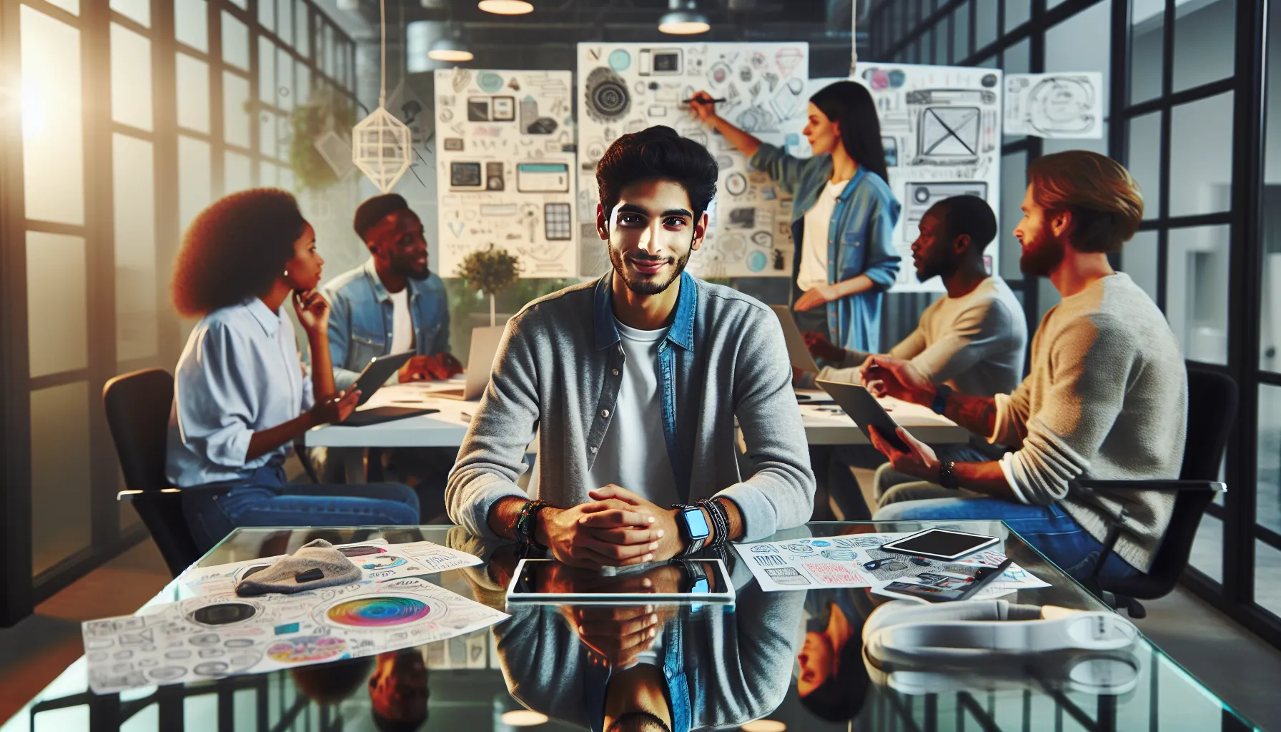 A diverse team brainstorming future digital projects in a modern office.