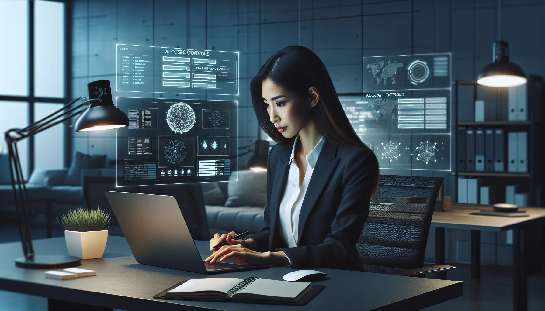 cybersecurity professional managing network access in a modern office.