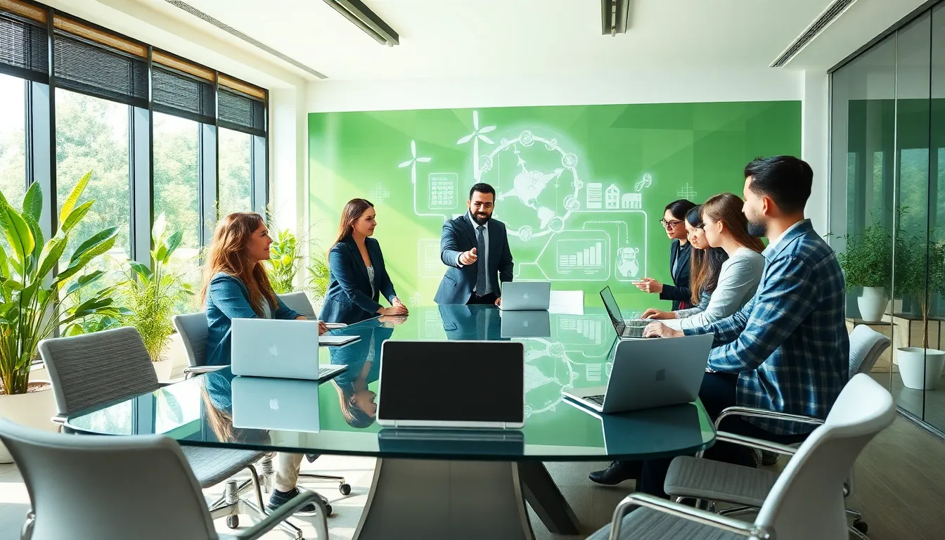diverse professionals discussing energy solutions in a modern office.