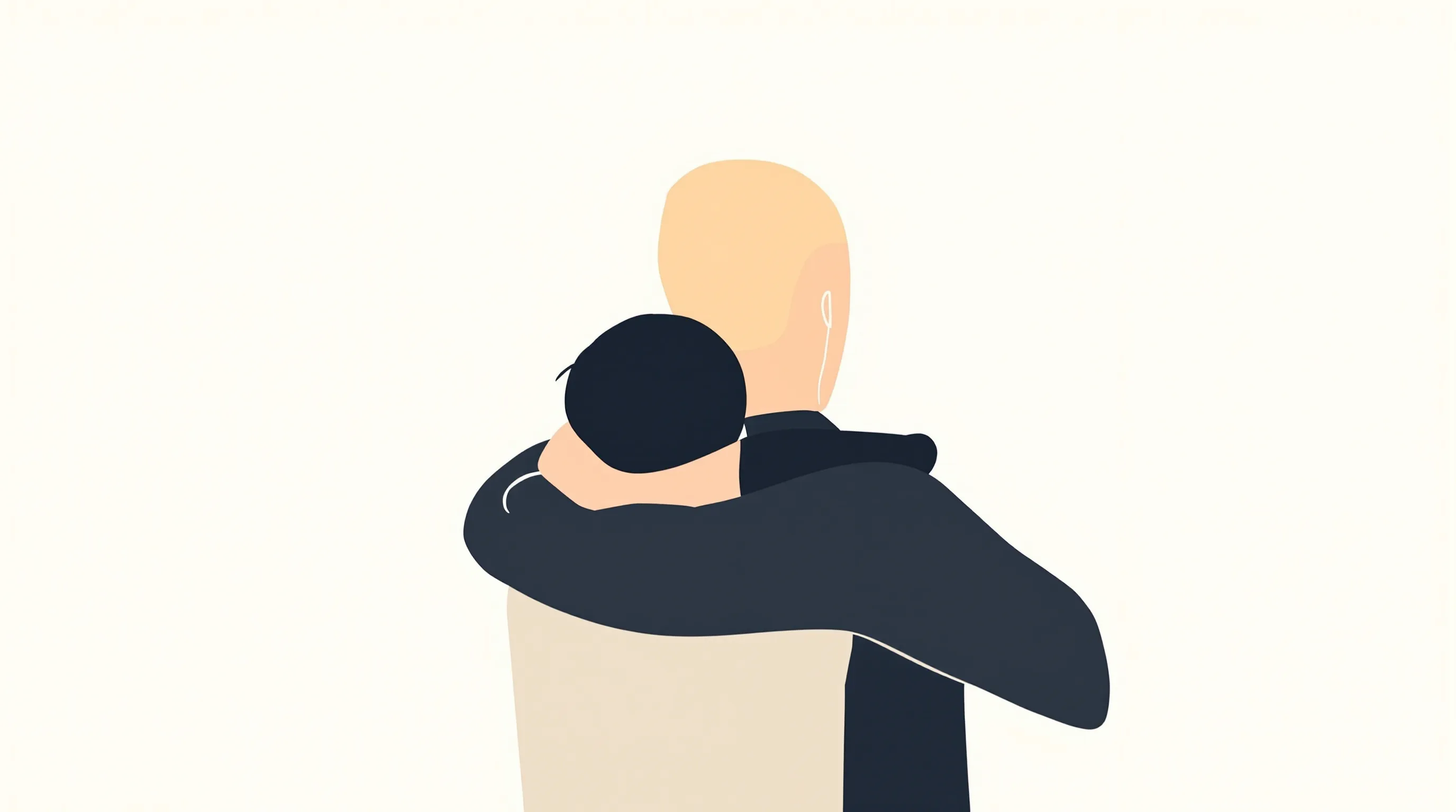 Minimalist silhouette of father and child embracing on clean background.