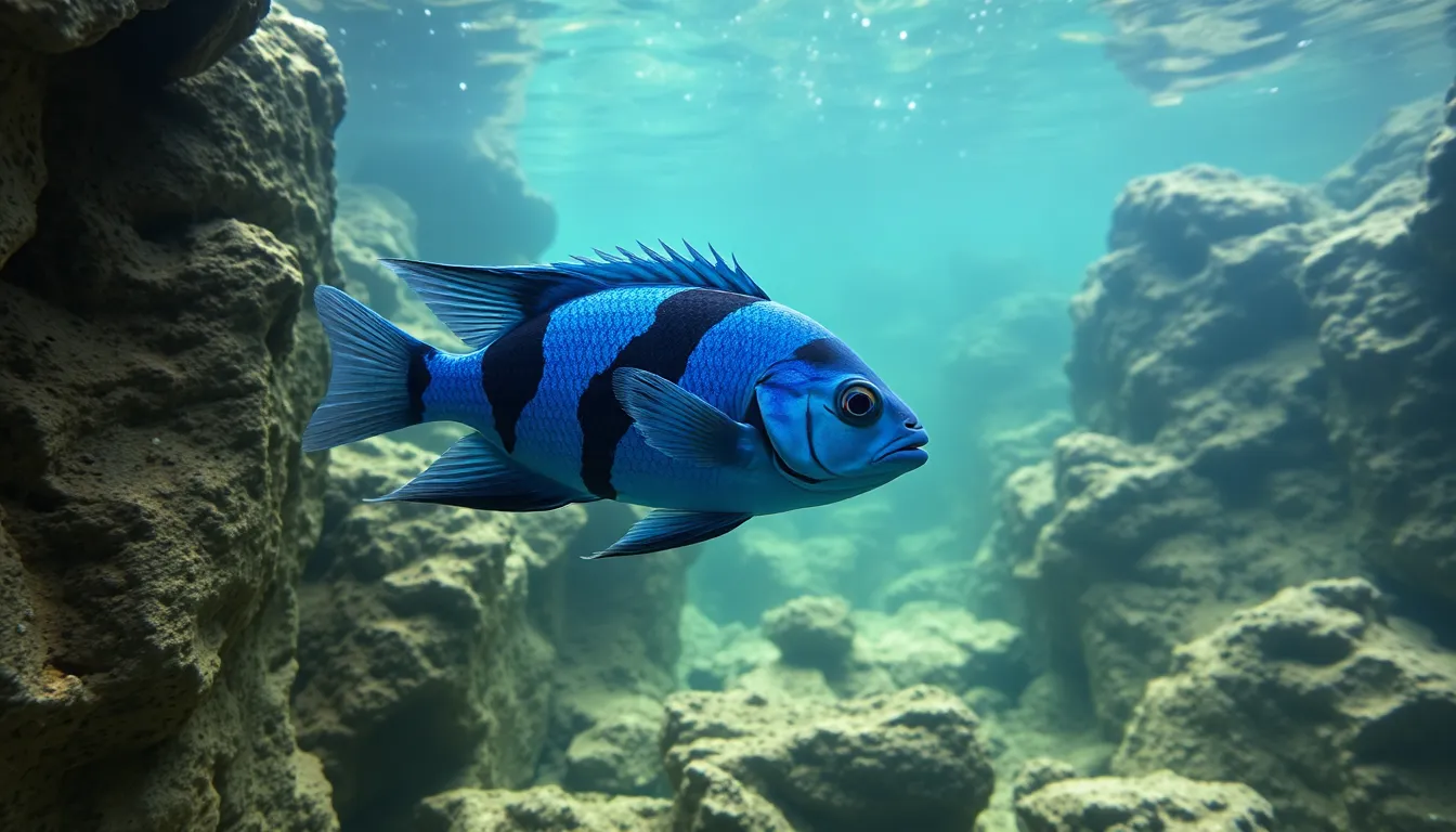 Frontosa Blue Zaire Moba cichlid swimming among rocks in clear water.