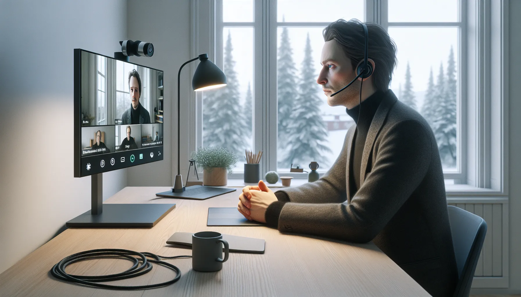 Norwegian professional in a well-lit home office leading a secure video negotiation.