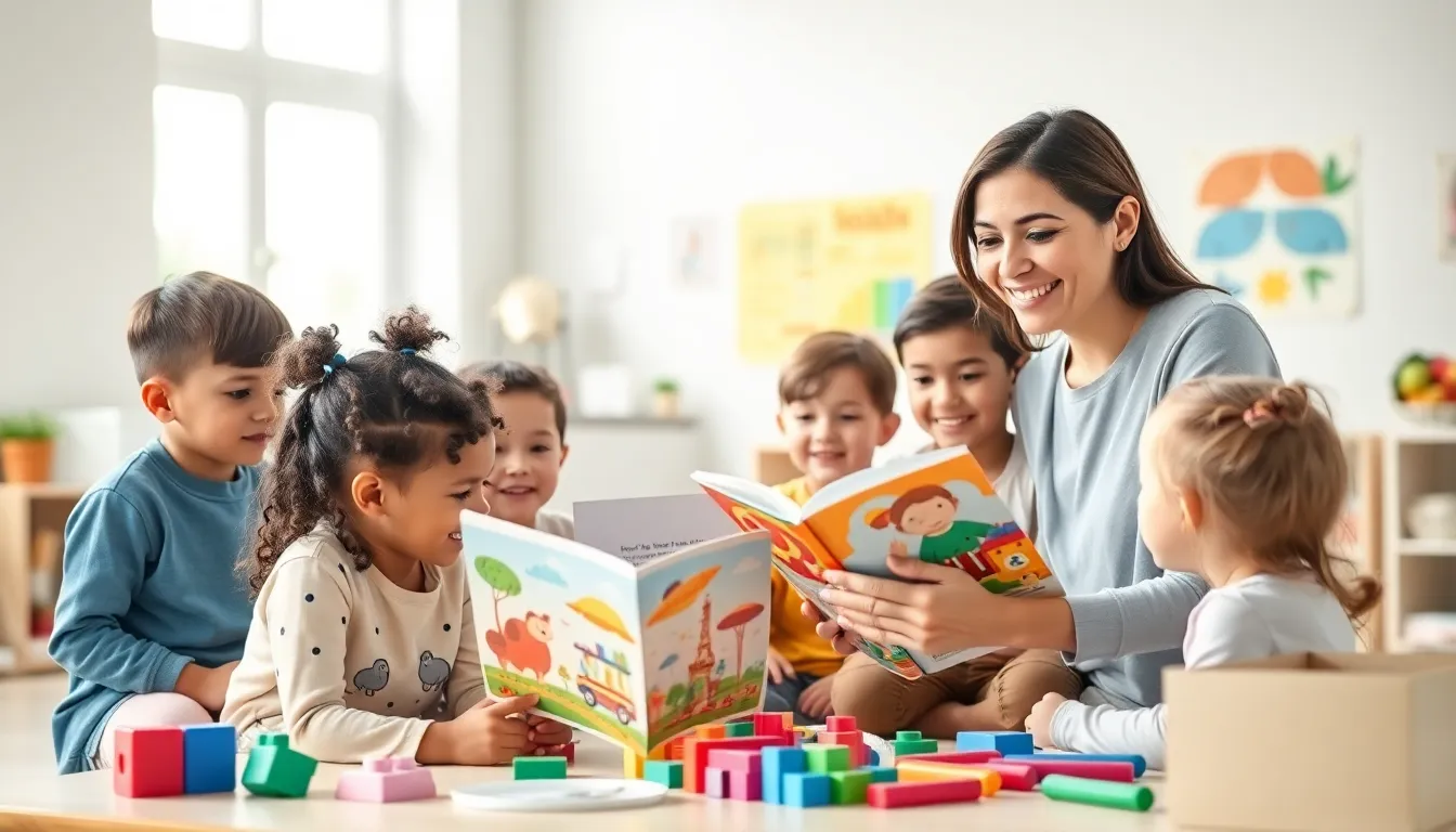 diverse children engaged in a learning activity with a teacher in a bright classroom.