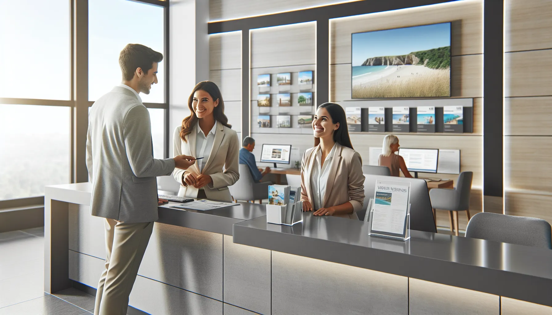 friendly staff assisting travelers in a modern travel agency.