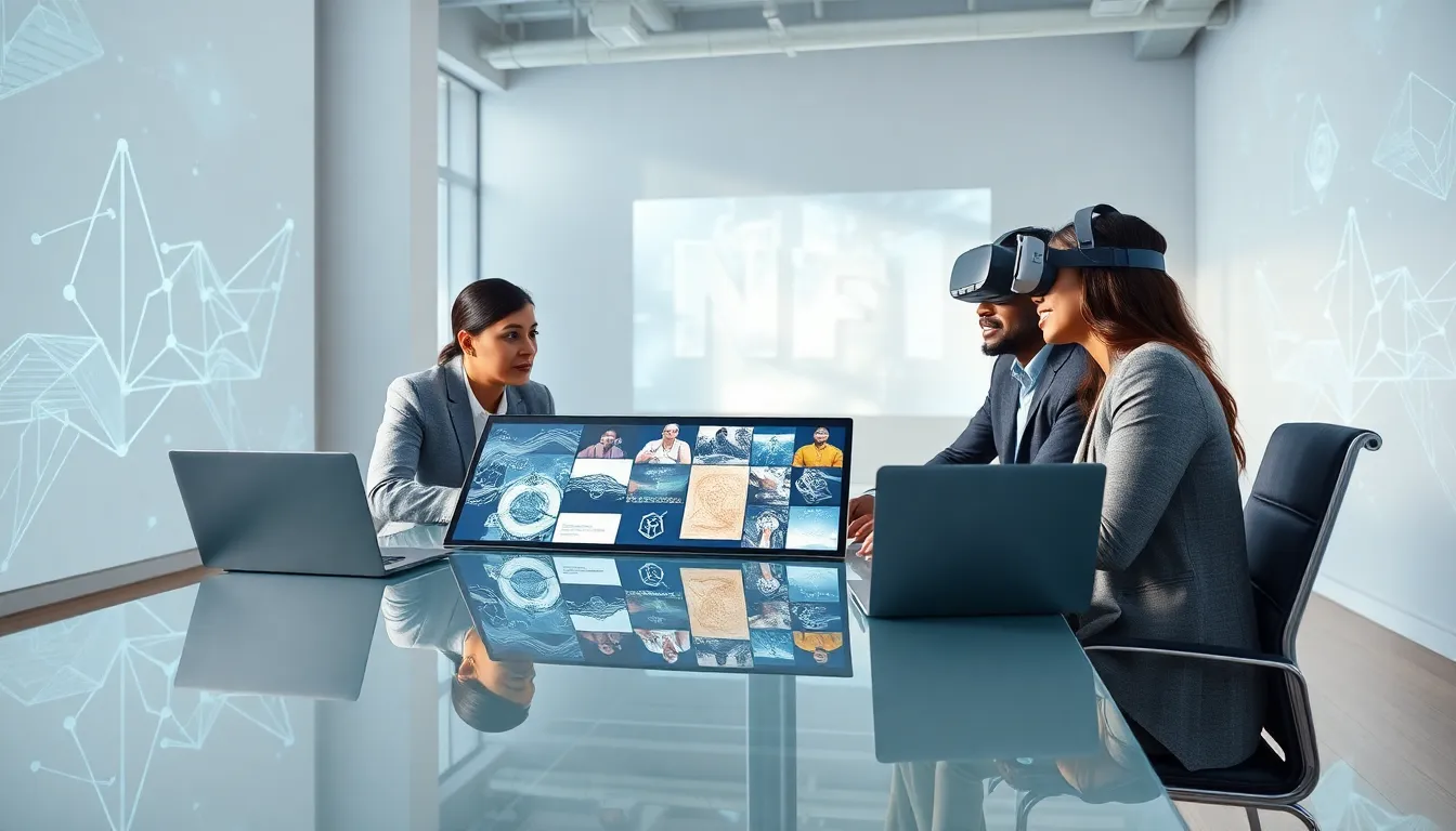 professionals discussing NFTs in a modern office setting.