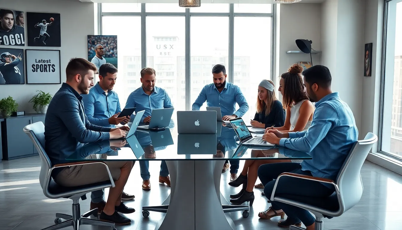 diverse team discussing sports news in a modern office setting.