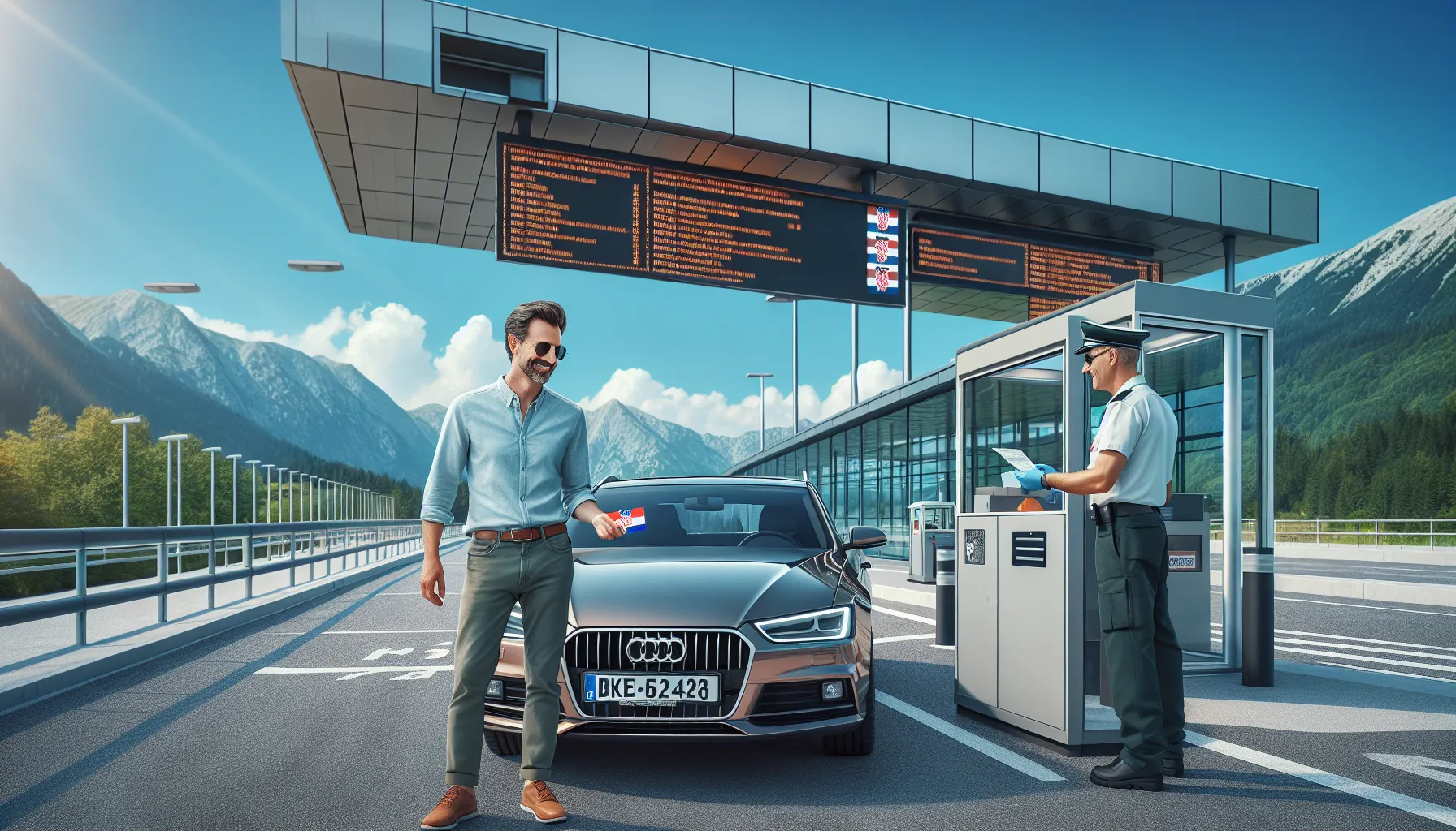 Croatian driver presenting documents to Austrian border official at checkpoint