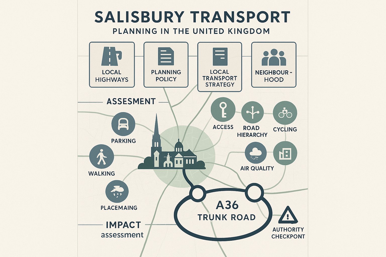Infographic of Salisbury transport planning, policy layers, road impacts, and sustainable travel.
