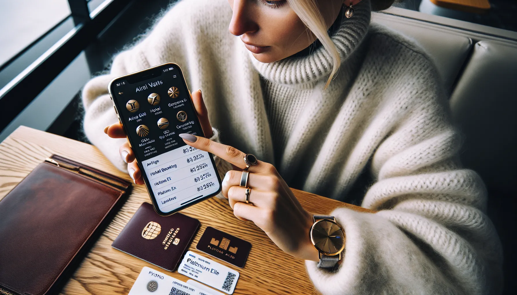 Norwegian traveler in an airport lounge reviewing elite travel memberships on phone.